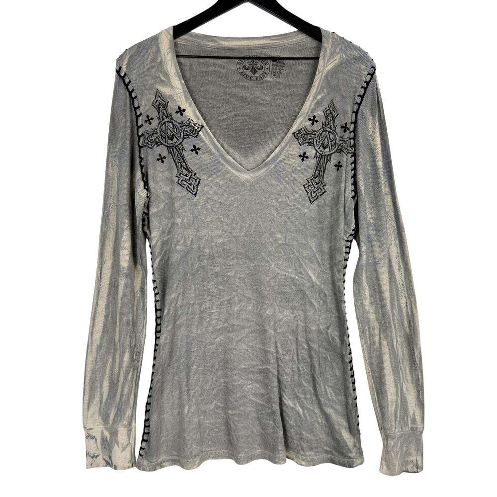 Affliction Thermal V-Neck Gray Long Sleeve Shirt Cross Graphic - XL